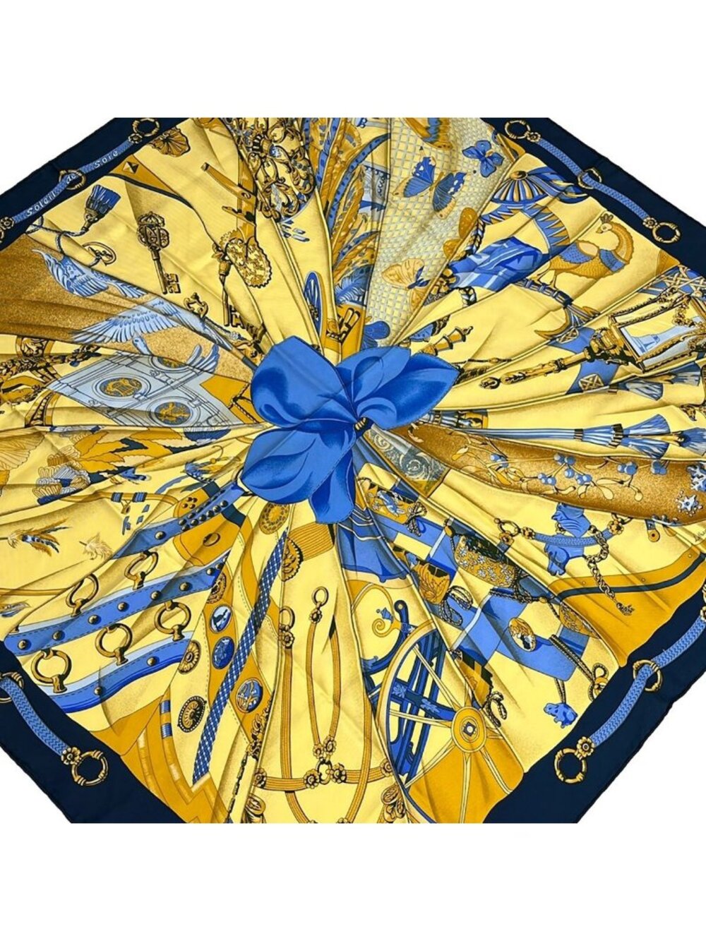Hermes Scarf Carre 90 Yellow Navy Blue Soleil de Soie
